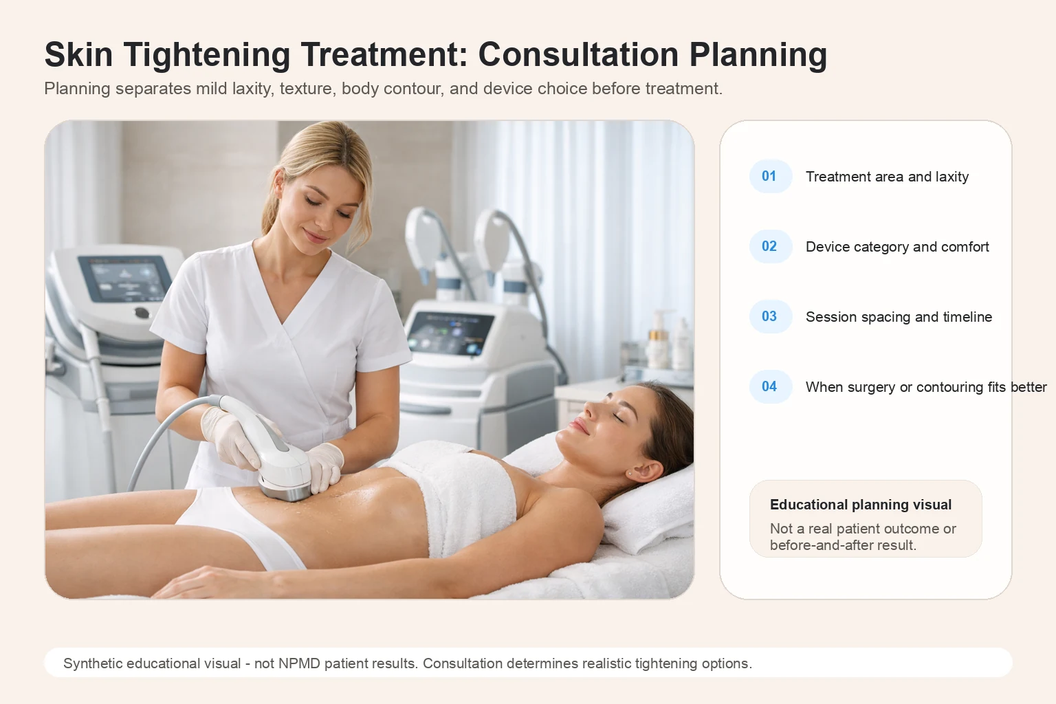 Illustrative Skin Tightening Treatment consultation planning visual for laxity, device choice, and timeline