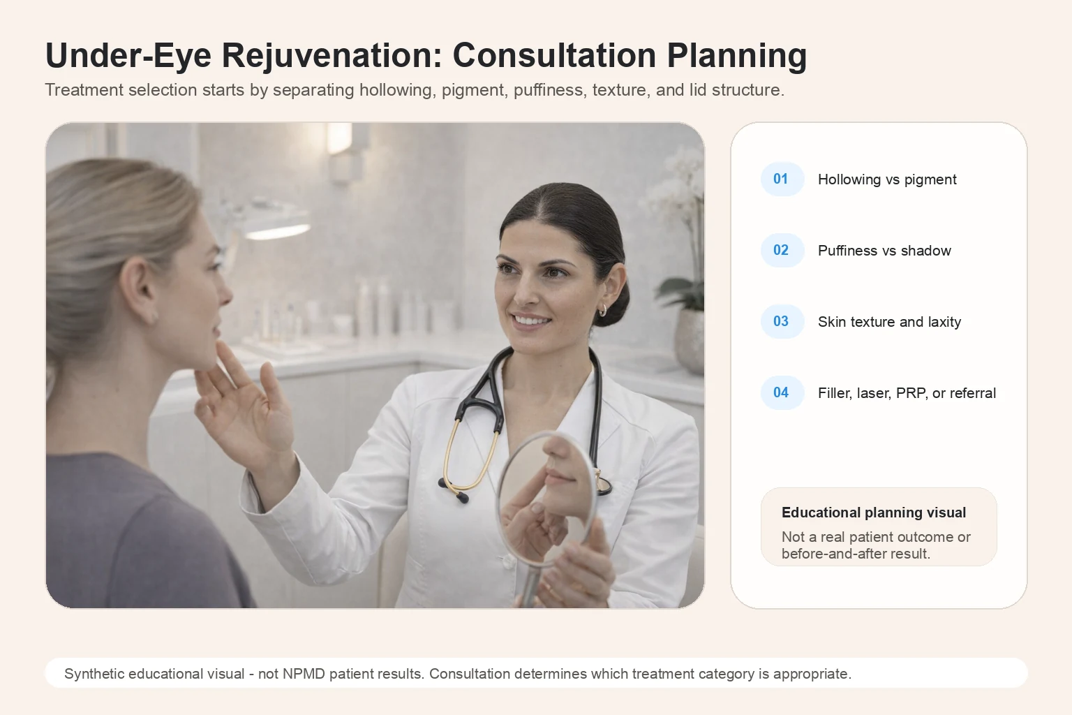 Illustrative Under-Eye Rejuvenation consultation planning visual for hollowing, shadows, puffiness, and skin texture
