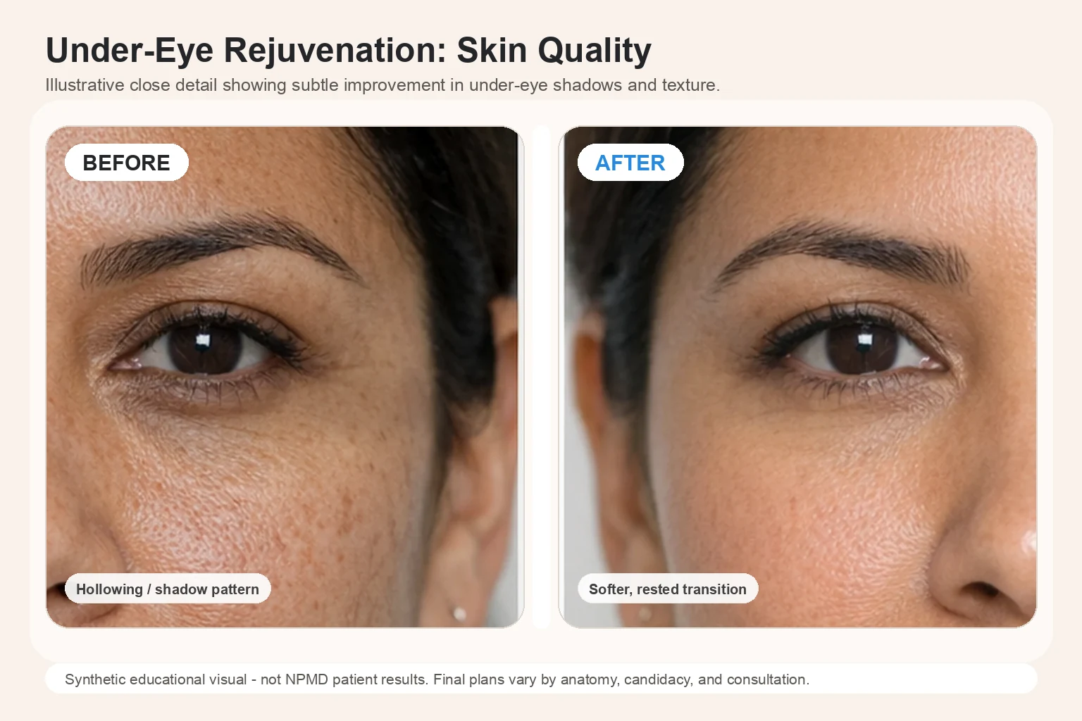Illustrative before and after comparison for Under-Eye Rejuvenation showing subtle lower-eyelid skin quality improvement
