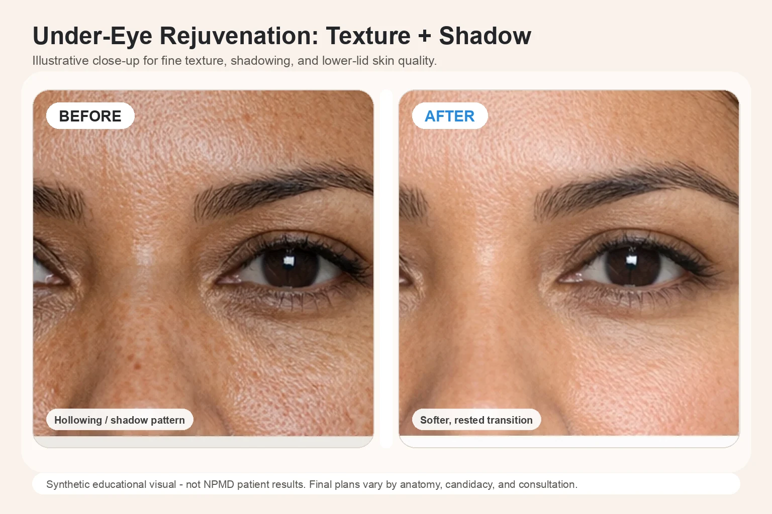 Illustrative under-eye close-up comparison showing improved texture and softer shadows